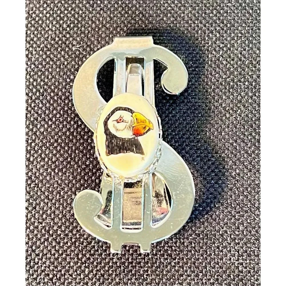 Vintage Dollar Sign $ Money Clip W Bird/Penguin Pendant Silver-Tone Stainless
